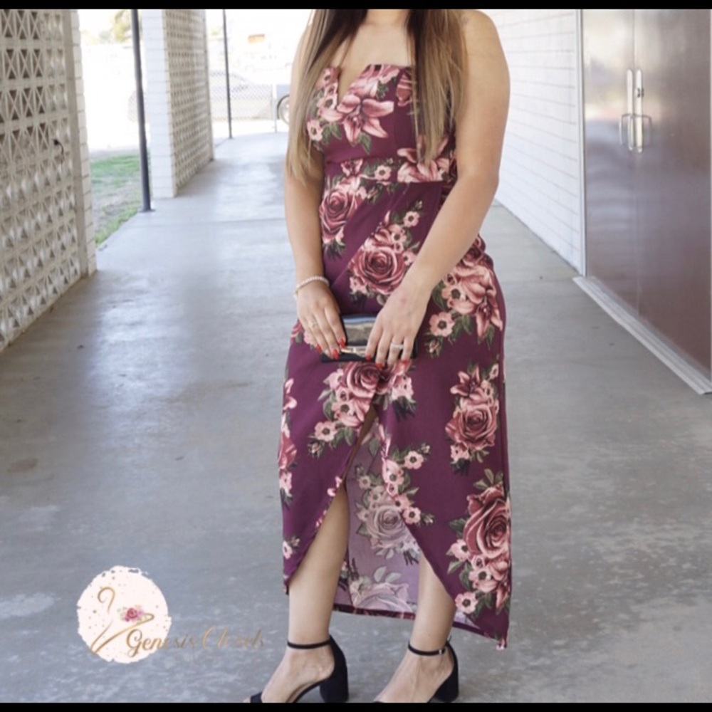 Burgundy Floral Strapless Dress
